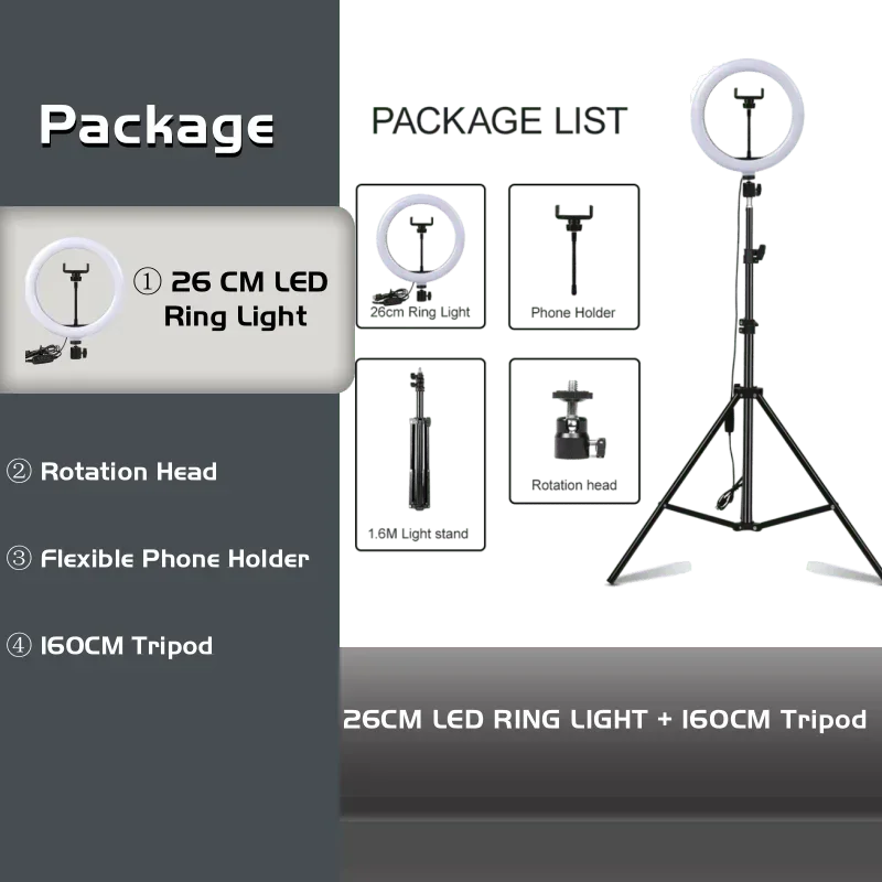 10" LED Selfie Ring Light Home Stuido Lighting Dimmable Round Lamp Tripod Trepied Makeup Selfie Ring Lamp Phone LIGHT FOR VIDEO