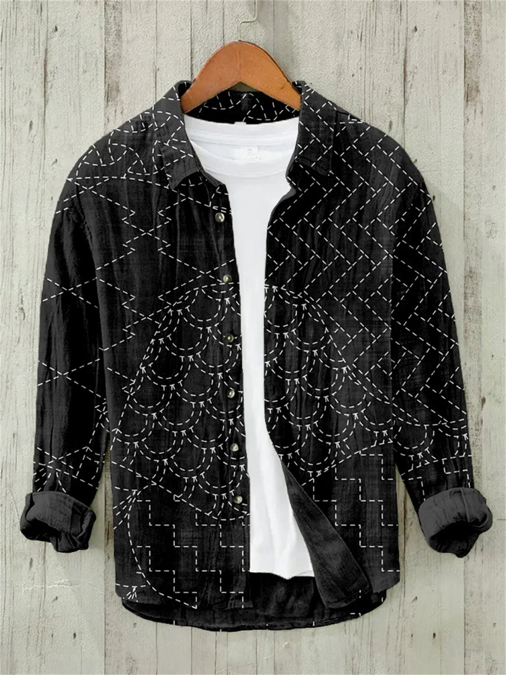 Men's casual versatile fashion street men's shirt lapel single-breasted long-sleeved men's wave long-sleeved shirt