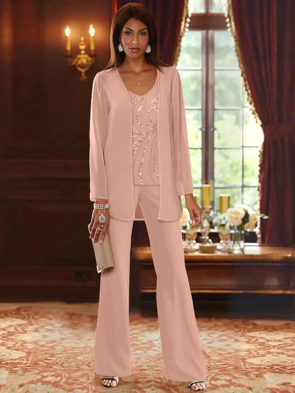 Pantsuit 3 Piece Mother of the Bride Dress Formal Wedding Guest V Neck Chiffon Lace Sleeveless with Beading Sequin 2024
