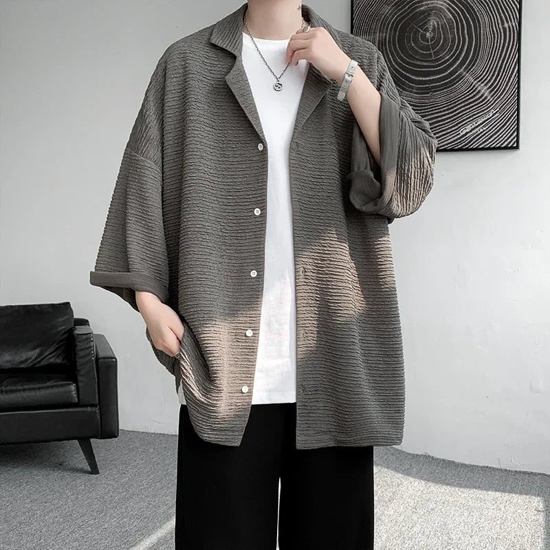 LEGIBLE Spring Summer Solid Shirts Men Casual Oversized Three Quarter Shirts Male Loose Fit Shirt for Man