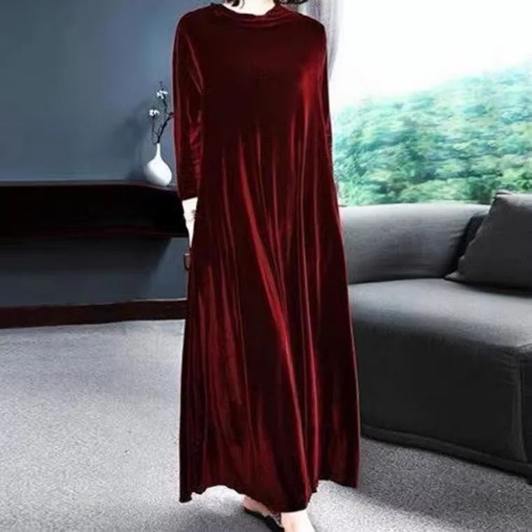 2026 Winter women turtleneck long maxi velvet dress,  Elegant long sleeves party dress Autunm velour dress plus size vestido