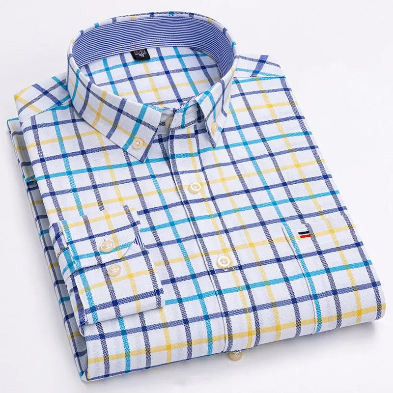 Men's 100% Cotton Smart Casual Shirt Long Sleeve Plaid Oxford Casual Solid Color Print Regular Fit Dress Shirt Oversized  6XL