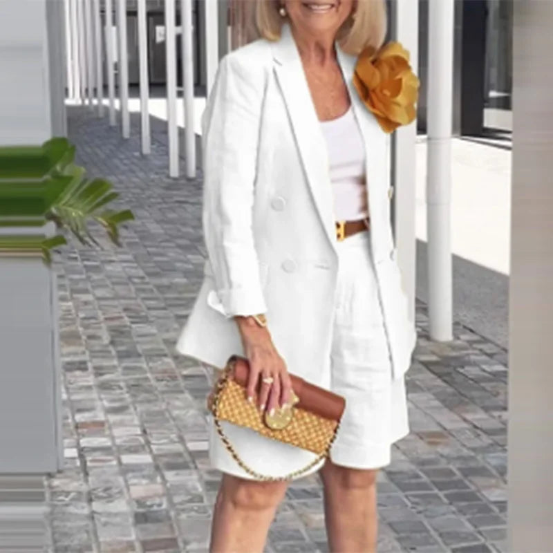 Summer New Solid Color Long Sleeve Shorts For Women's Suit Set Stylish Cardigan Female Office Suit 2 Piece Set