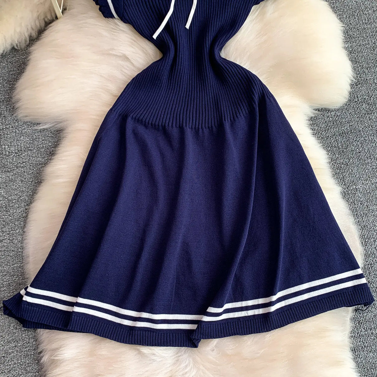Summer Women Sweet Strechy Sundress Turndown Collar Short Sleeve Knitted Dress Lace Up Bow High Waist A-line Mini Dress