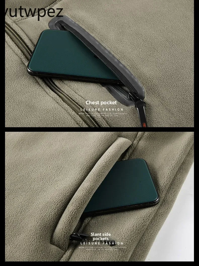 Winter Warm Fleece Jacket Men Climbing Double Thickened Pocket Jacket Outdoor High Collar Windproof Ski Sweatshirt Coat Man Snow