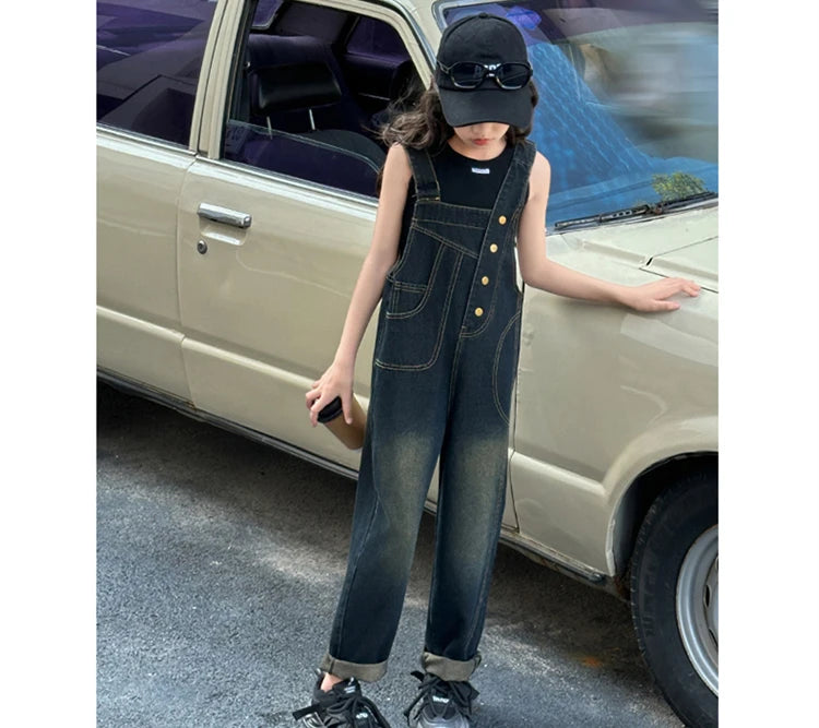 Elegant Children Jeans Jumpsuit with Broken Holes For Girls Fashion Overalls Streetwear Kids Denim Suspenders Pants With Strap