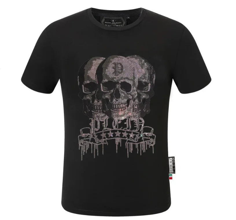 2025 Summer New Luxury Men's Fashion Skull Design Rhinestones T-Shirt Pure Cotton Crew-Neck Casual High Quality