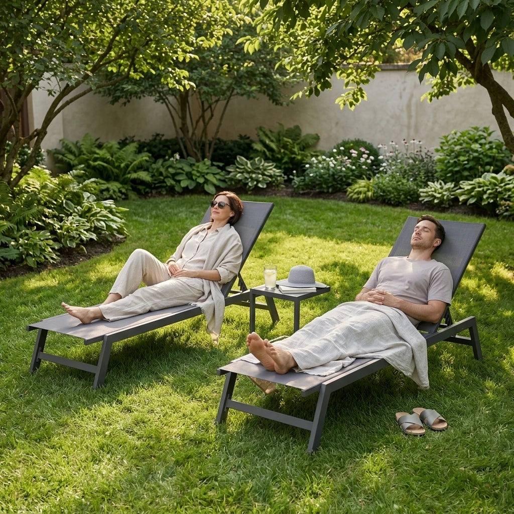 3PCS Aluminum Teslin Sun Lounger Set With Side Table Adjustable Backrest Outdoor Chaise Lounge Pool Garden Beach Hotel Sunbed