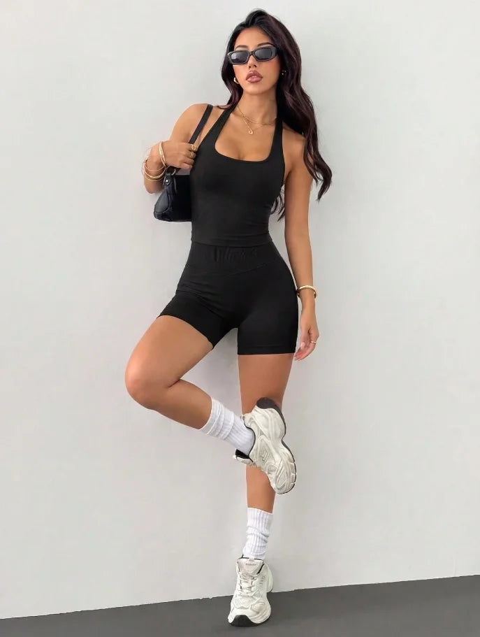 Women's Outdoor Sports Set: Tank Top + Shorts, Versatile For Daily Wear, Slimming Fit, Butt-Lifting, Lightweight And Sweat-Absor