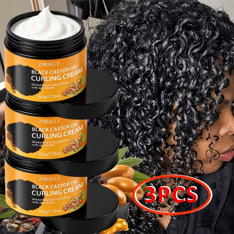 3pcs ZORAELY Black Castor Oil Curl Cream: Moisturising and Elasticity-Boosting, Ideal for Afro-Textured Hair, Braids and Twists.