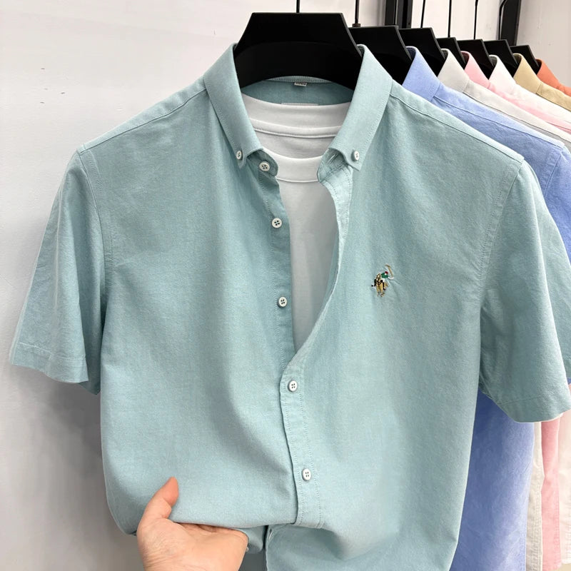 Short Sleeved Shirt Men's Summer New Item Pure Cotton High-end Brand Little Horse Logo Embroidered Casual Shirt