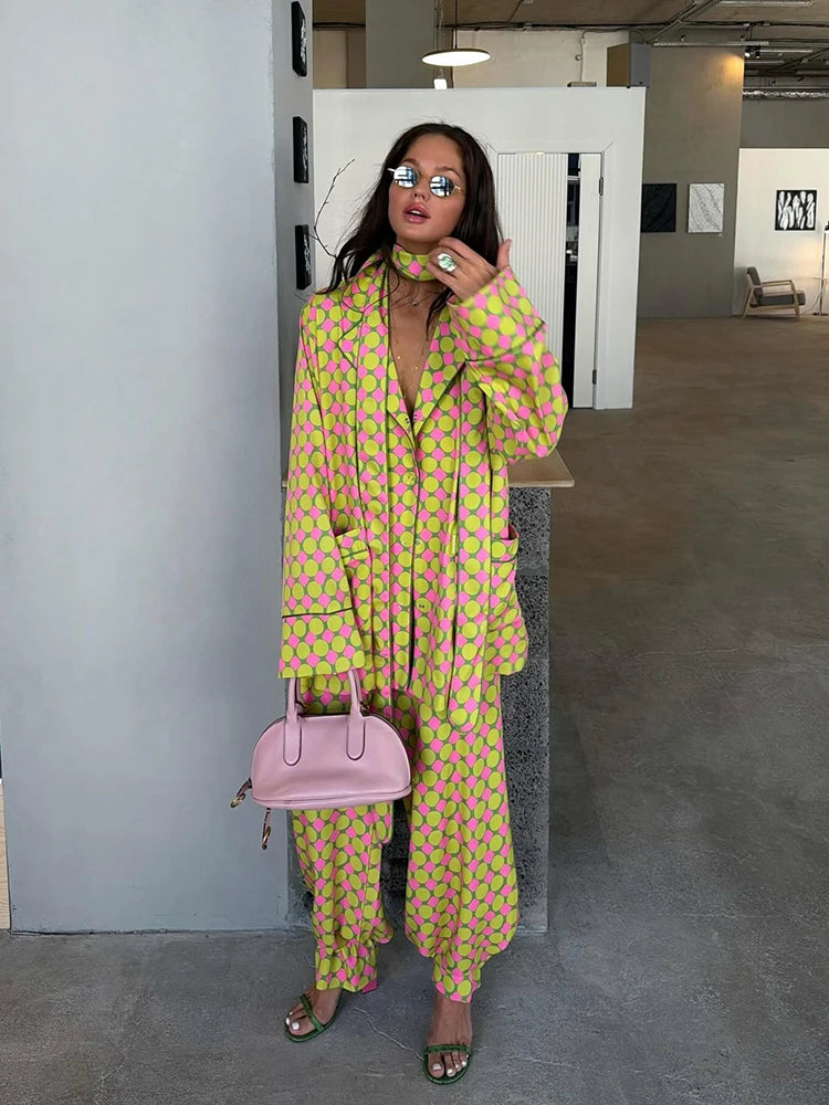 Vacation Geometric Printed Loose Pants Set Women Lapel Full Sleeve Pocket Shirts Wide Leg Pant Suits 2026 Autumn Street Outfit
