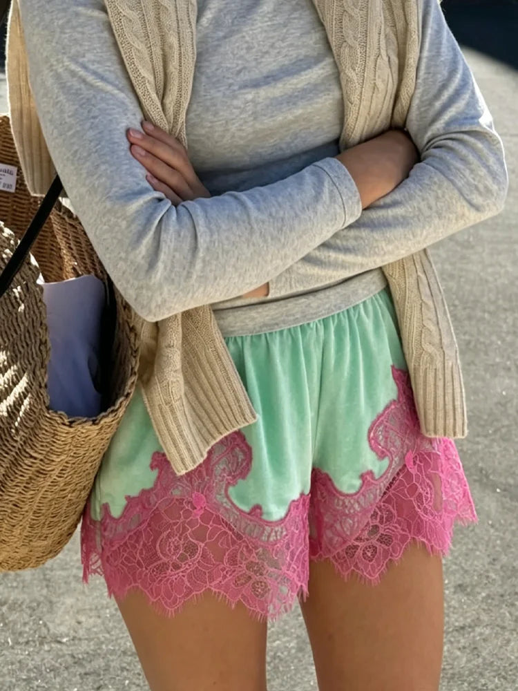 Y2K Velvet Lace Splicing Shorts Women Elastic Waist Contrast Pink Lace Trim Summer Loose Mini Pants Beach Vacation Wear Clothes