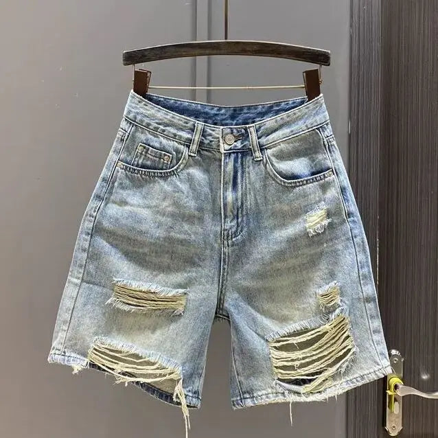 Summer New Loose Straight Wide-leg Medium Pants Shorts Retro Blue Ripped Beggar Denim Five-point Pants Women's Jeans Shorts