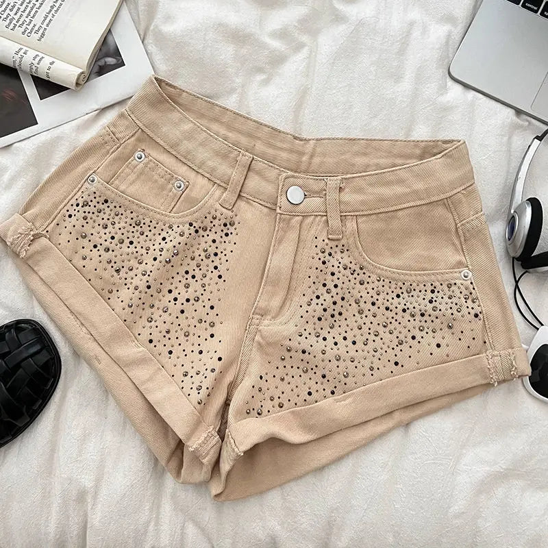 Retro Fashion Rhinestone Denim Shorts Women Pink Summer New A-Line Wide Leg Jeans Ultra Short For Hot Girls Bottoms