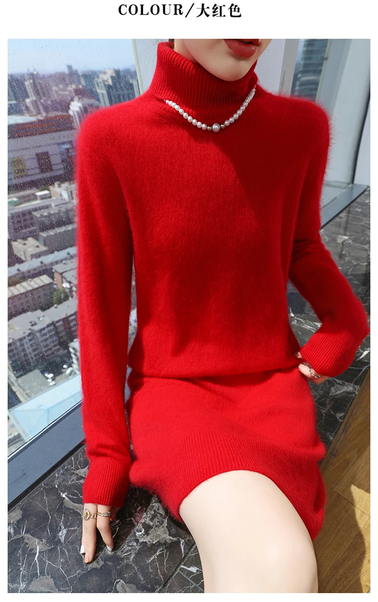 New Hot Selling 100% Mink Cashmere Knitted Women's High Neck Pullover Dress Sweater Slim Fit Solid Color Long Women's Dress