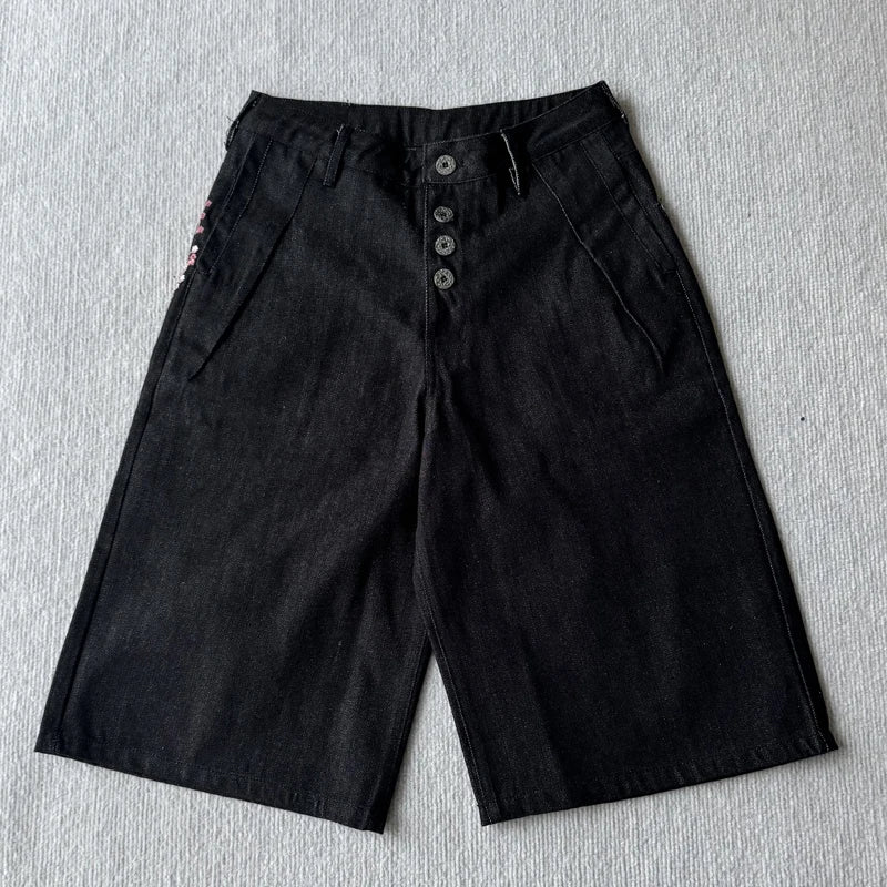 New High Quality American Retro Derchutze Denim Shorts Embroidered Patterns Men's Straight Leg Pants Stock