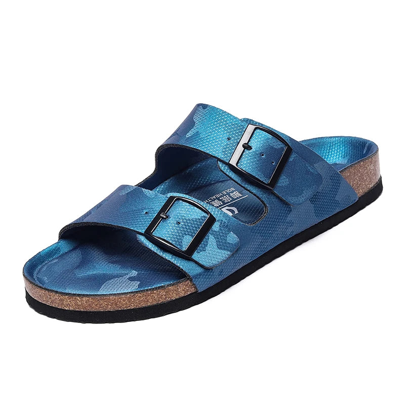 Summer Men Women Cork Slippers Clogs Microfiber Leather Slides Casual Slip On Sandal Double Buckle