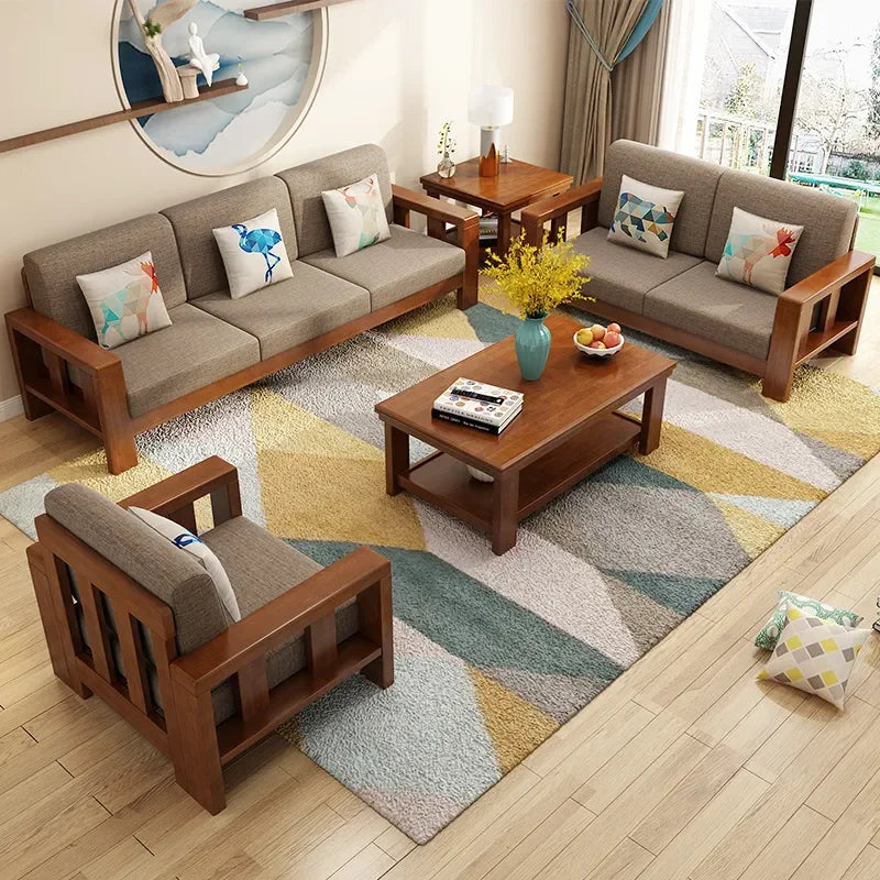 Compact Rubber Wood Solid Frame Sofa Set for Living Room Small Apartment Rental B&B Space Saving Durable Home Furniture