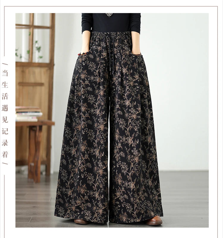 Denim Wide-leg Pants For Women 2025 Autumn New Style Printed Elastic Waist Loose Oversized Casual Denim Straight Pants