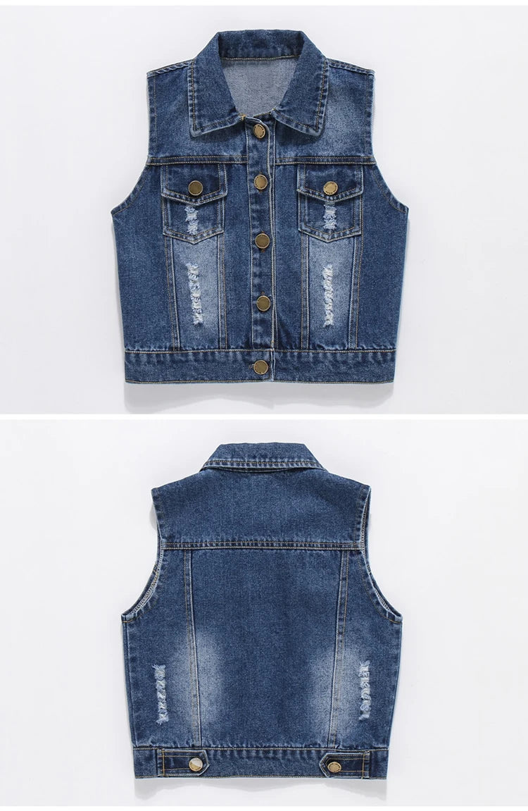 High Quality Children's Ripped Denim Vest Spring Autumn New Style Boys Girls Sleeveless Jacket Outerwear Trendy Hole Waistcoat
