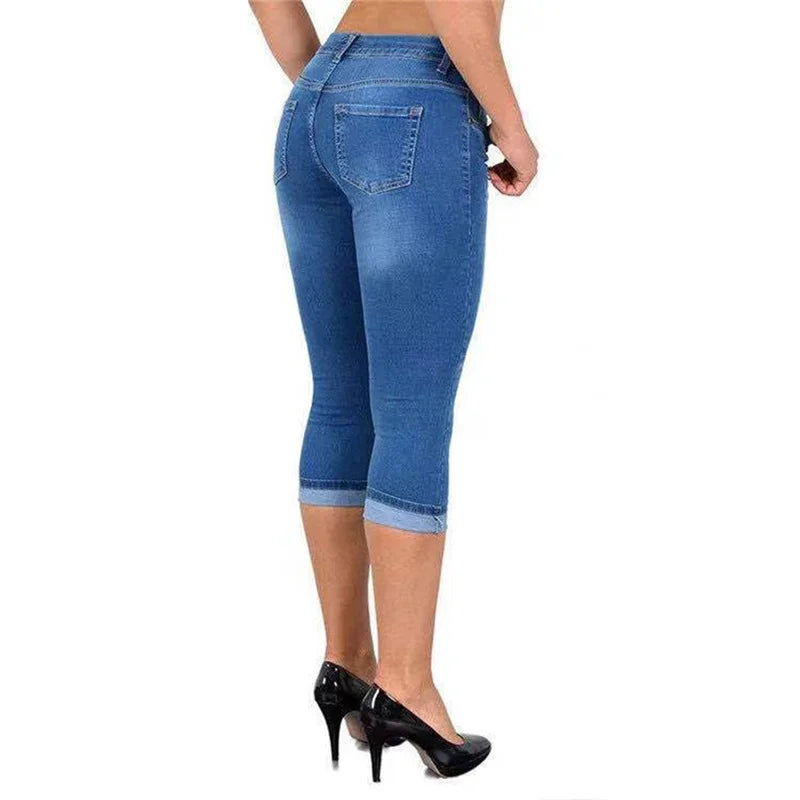 Women Simple Style Slim Pencil Jeans Scratches Decoration Seven-quarter Length Pants Daily Casual Commuter Female Denim Trousers