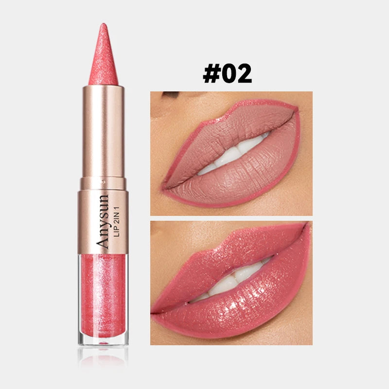 Double Head 2-in-1 Lip liner+Lip Gloss Waterproof and Durable Fine Shiny Mirror Gloss