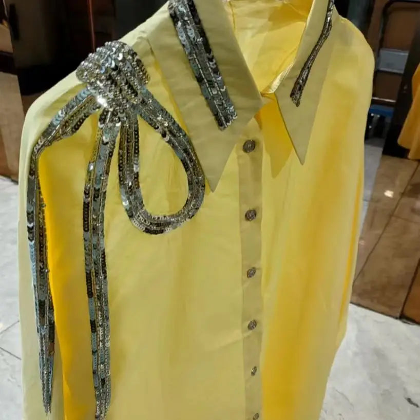 Luxury Brand Design Sequins Embroidery Cotton Blouses Shirts Women for 2025 Autumn Trend Long Sleeve Blue Tops Woman Clothes