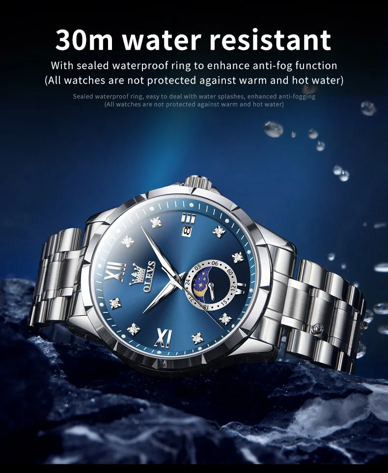 OLEVS 2956 Mens Watch Business Original Quartz Watch Large Dial Waterproof Luminous Automatic Date Moon Phase Watches For Man