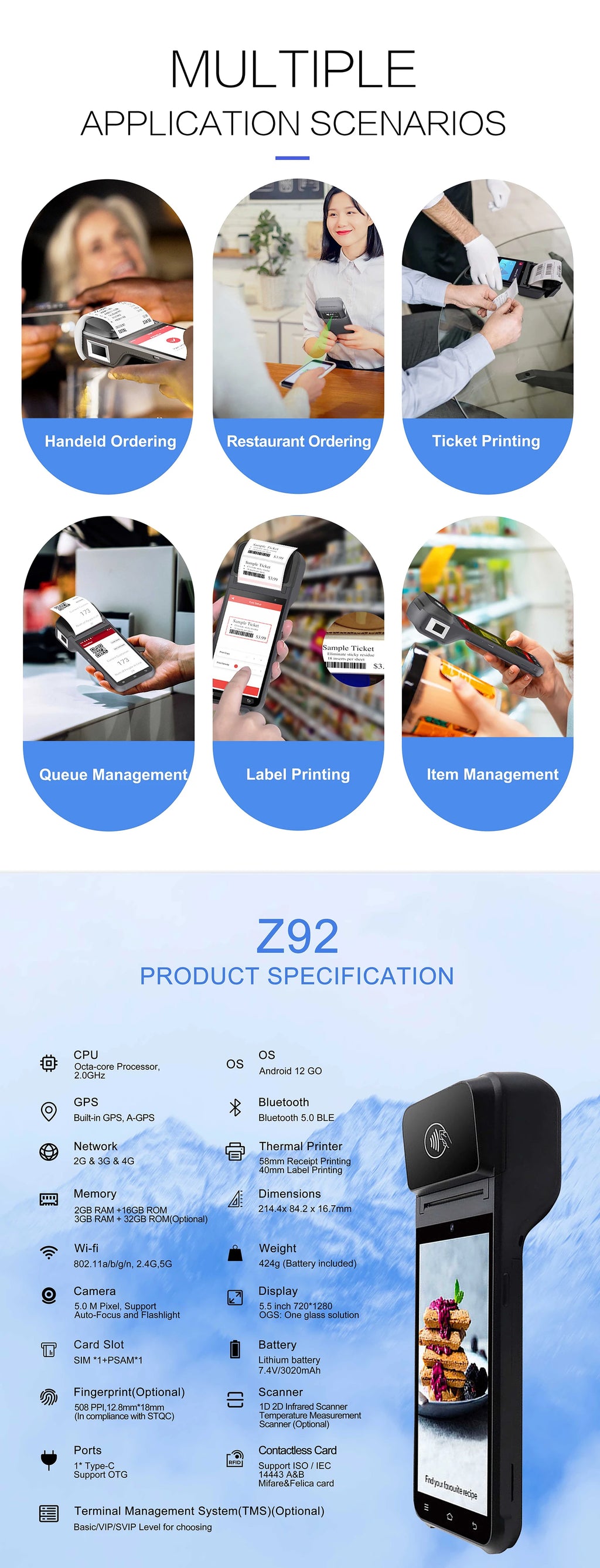 5.5-inch Touch Screen Cash Register Android 13 POS Terminal Machine with Barcode Scanner NFC Reader 58mm Thermal Receipt Printer