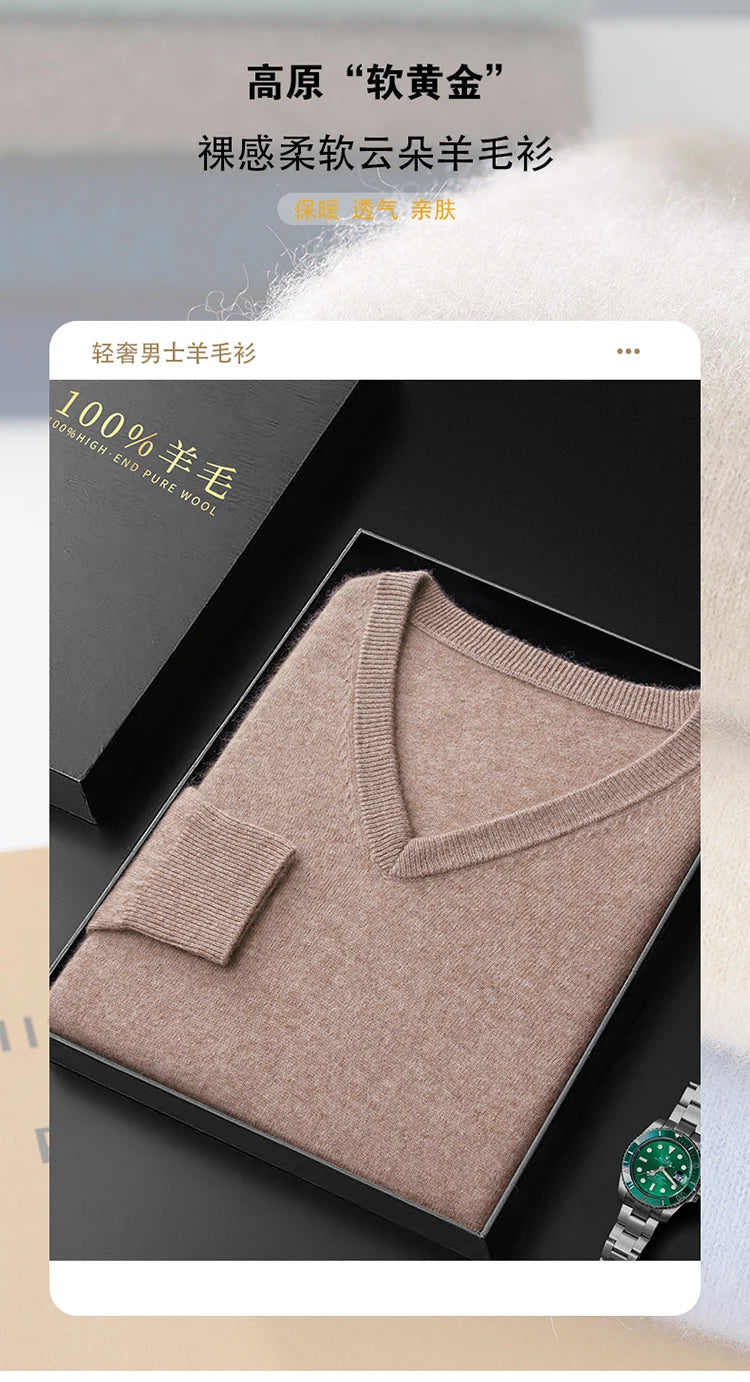 100% Merino Wool Men's V-Neck Pullover Autumn and Winter Basic Knit Versatile Sweater Casual Long Sleeve Shirt Cashmere Man Top