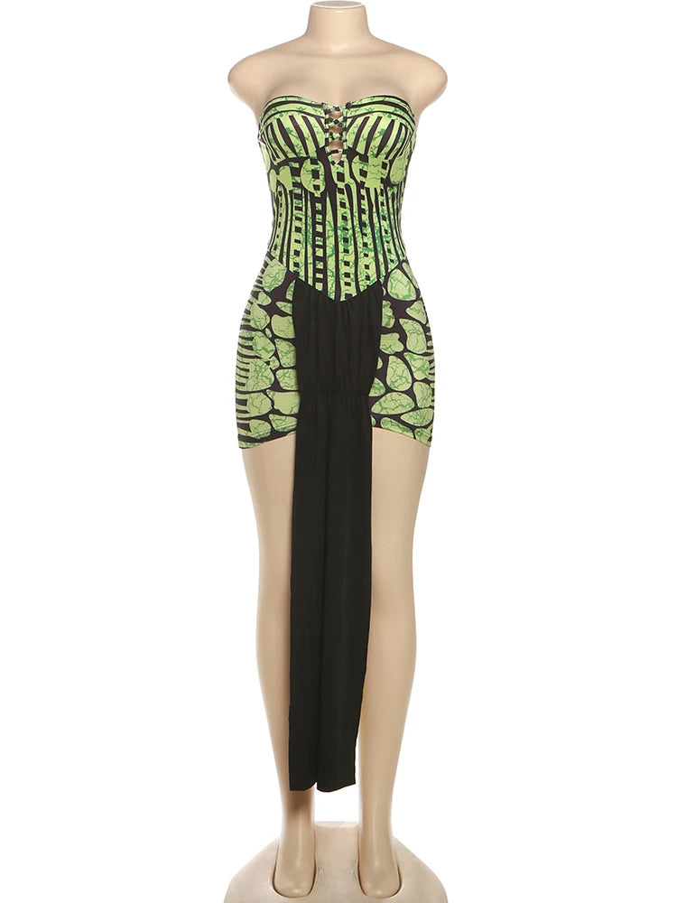 Nibber Hipster Sexy Strapless Dress Women Y2K Serpentine Patchwork Long Ribbon Hollow Summer Midnight Clubwear Irregular Bodycon
