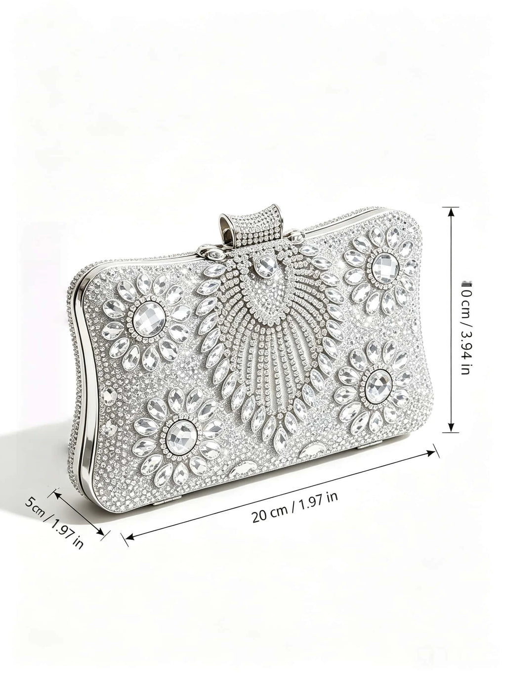 Peacock Full Diamond Silver Evening Clutch Bag with Detachable Chain, Shiny Dress Bag for Wedding Party