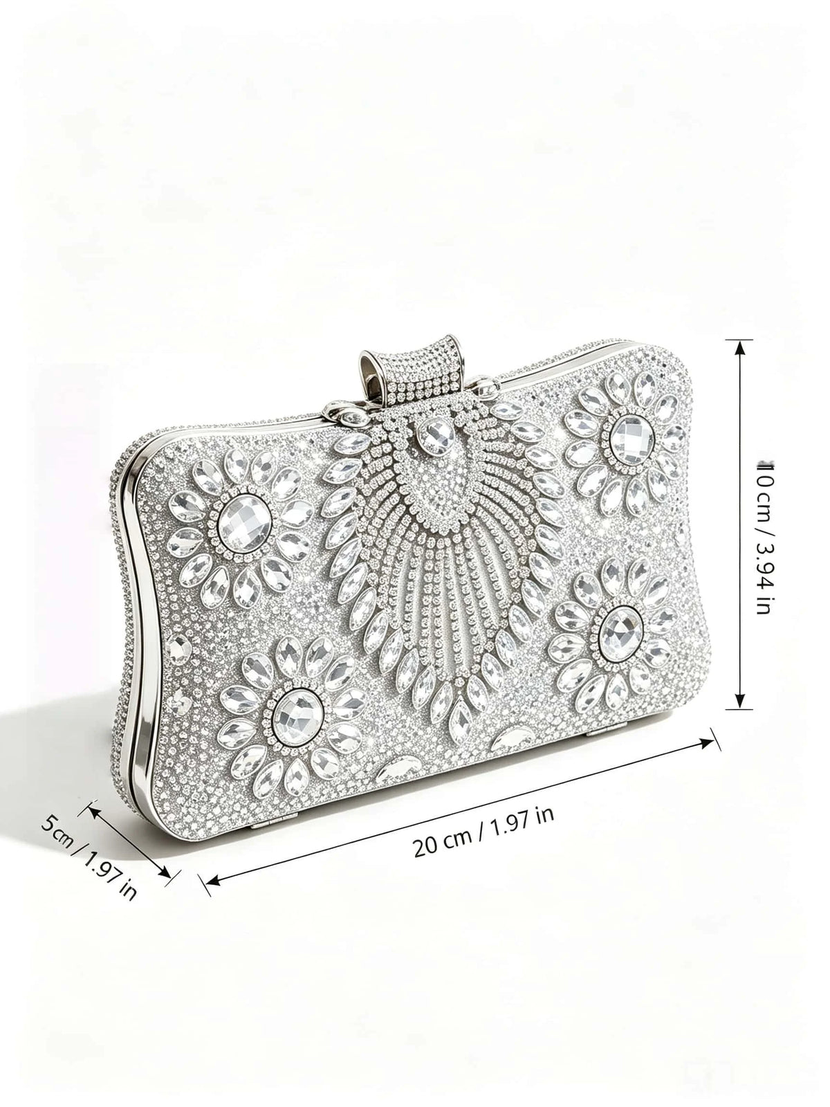 Peacock Full Diamond Silver Evening Clutch Bag with Detachable Chain, Shiny Dress Bag for Wedding Party