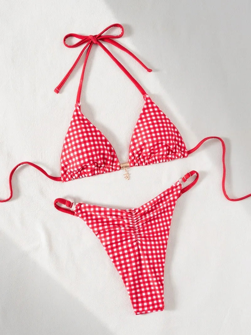 Retro Polka Dot Bikini Set Women Swimsuit Female Swimwear Micro Thong Bikinis Brazilian Halter Beach Wear Lace Up Bathing Suit