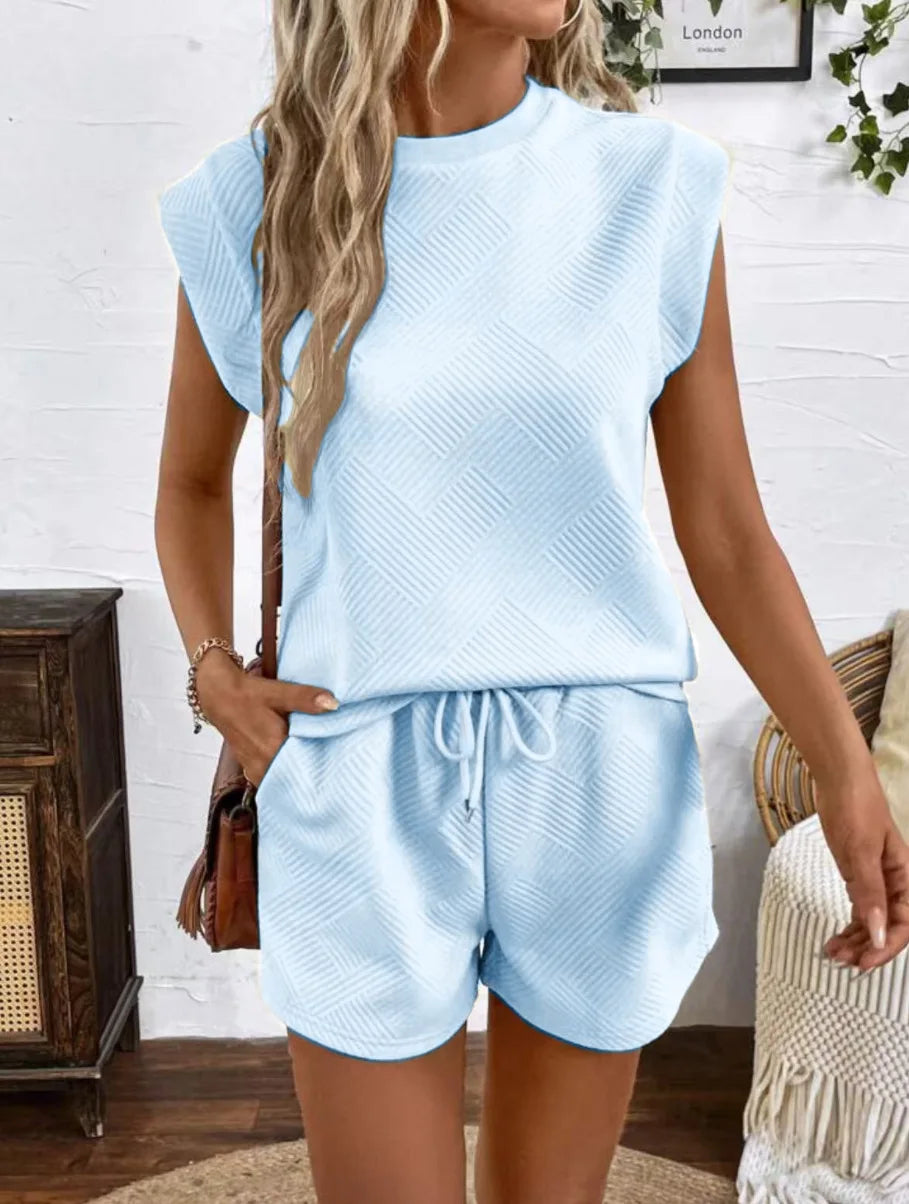 Women Shorts Pant Set Two Piece Sets Round Neck Solid Casual Loose Tops Short Pants Lace Up Elastic Waist Y2k Streetwear 2026