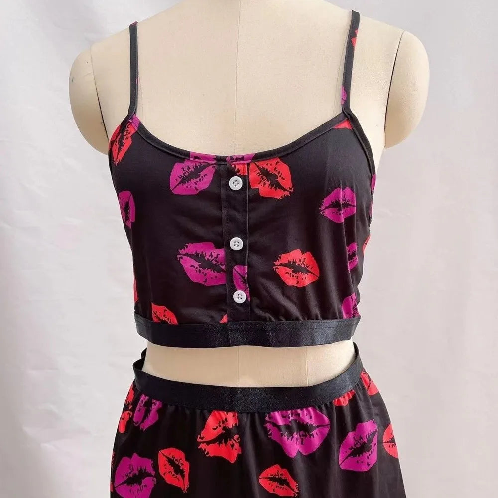 Creative Multiple Print Women Pajama Set Suspender Style Comfortable Pajama Shorts Set Sleeveless Breathable Lingerie Set