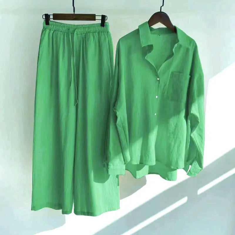 Women's 2-piece set 2026 Spring Autumn New Long sleeved Cotton linen Shirt top+High waisted loose Pants Comfortable Casual Sets