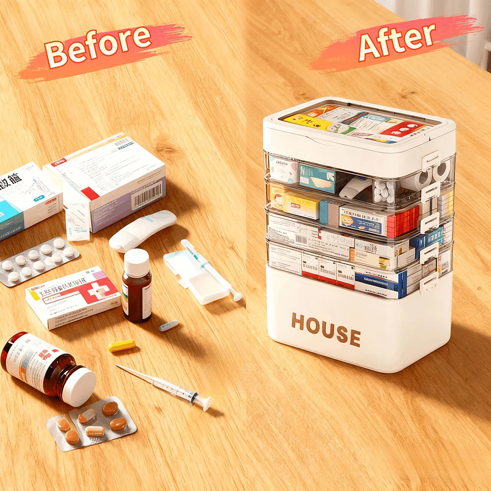 Large Capacity Multi Layer Transparent First Aid Medicine Storage Box Secure Snap Buckle Dustproof Household Emergency Drug Organizer Detachable Compartment Medical Supply Container For Family Home Office Car Travel Camping O