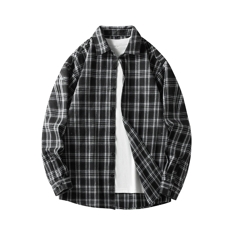 Men Shirt Plaid Flannel Retro Long Sleeve Oversized Loose Cotton Casual Male Youth Design Soft Fall Black Formal Dress Shirt