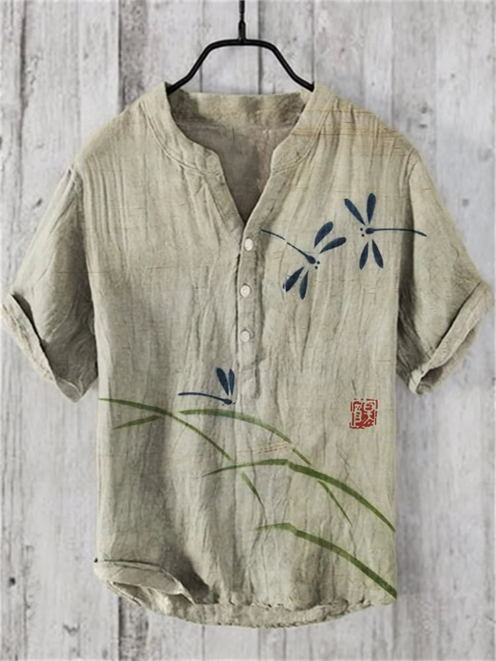 2024 New Men's Shirt Japanese Vintage Art Print Linen Short Sleeved Shirt Hawaiian Style Button Henry Neck Shirt