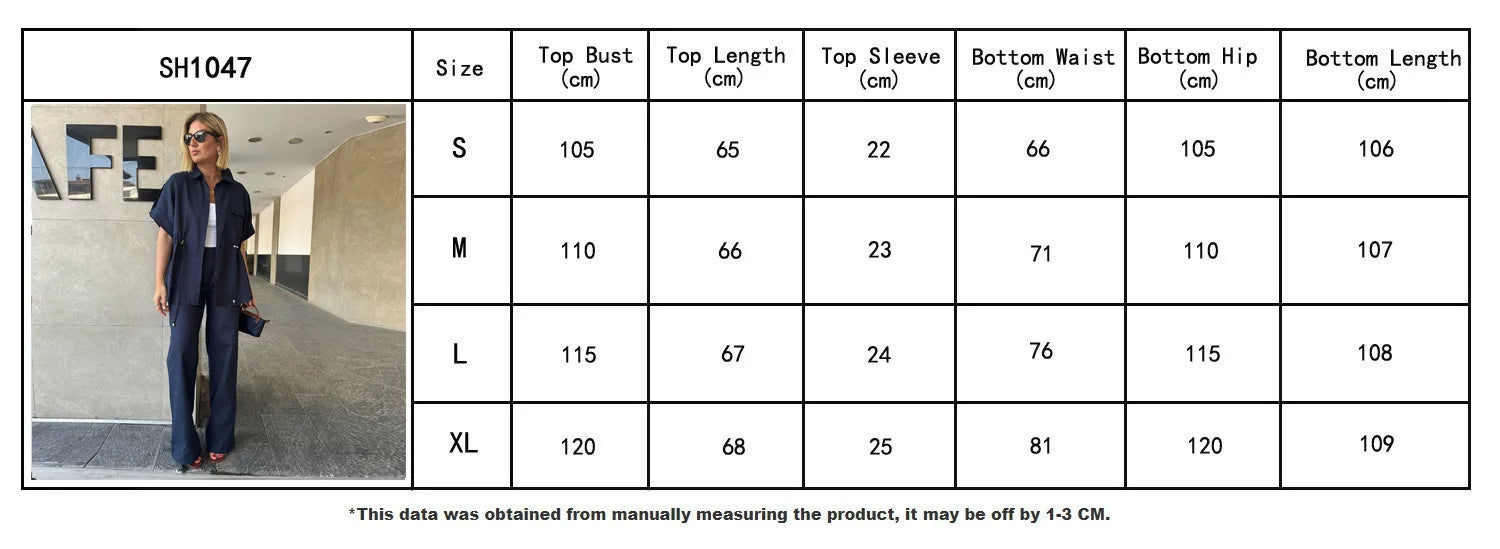 Casual Drawstring Shirt Pants Set Women Lapel Button Short Sleeve Pocket Loose Top Wide Leg Pants 2025 Chic Summer Women's Suit