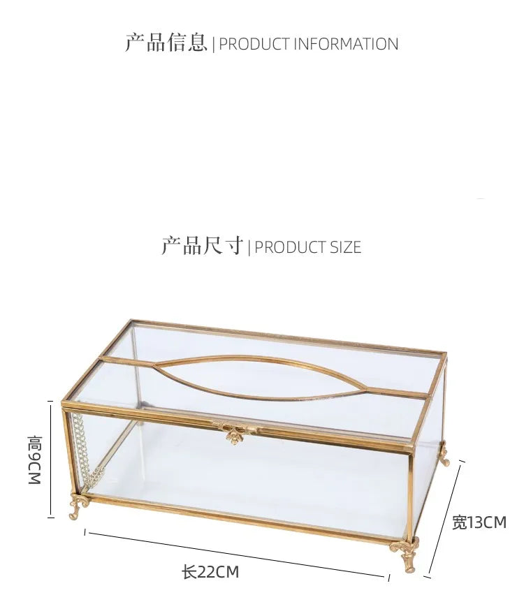 Vintage Brass Glass Tissue Box Living Room paper Storage Holder Tea Table Desktop Paper Box Hotel Restaurant Tissue Organizer