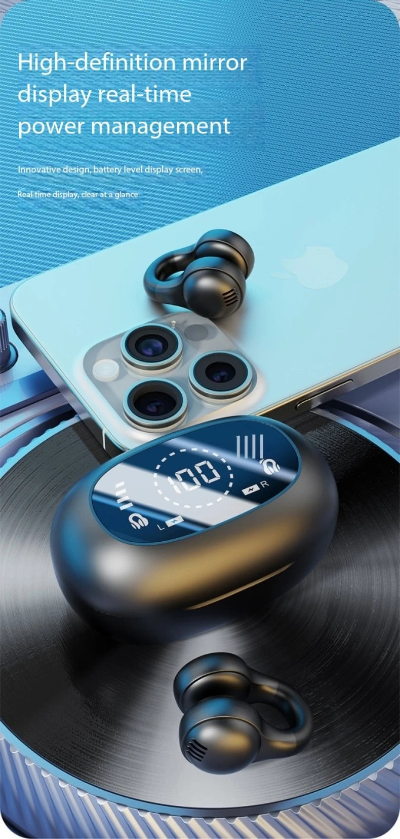 New Mirror-Style Digital Display Soft Silicone Ear Clip Wireless Bluetooth Headphones with Noise Reduction, High-Definition, and Lossless for Sports