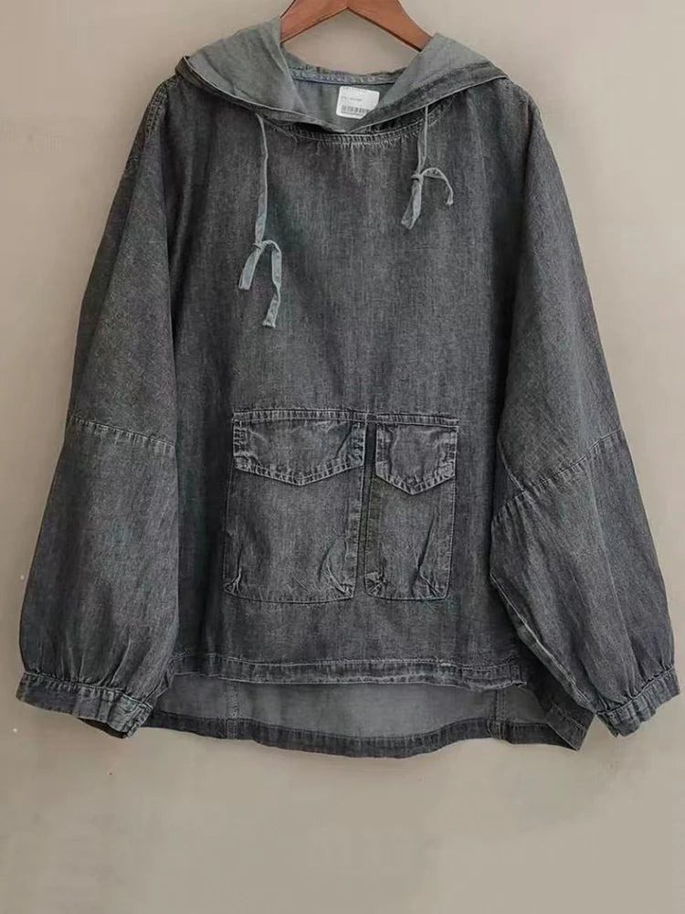 Amax LuluE Designer Winter Fashion Clothes Womens Loose Hooded Denim Hoodies Ladies Classic Oversized Vintage Casual Sweatshirts