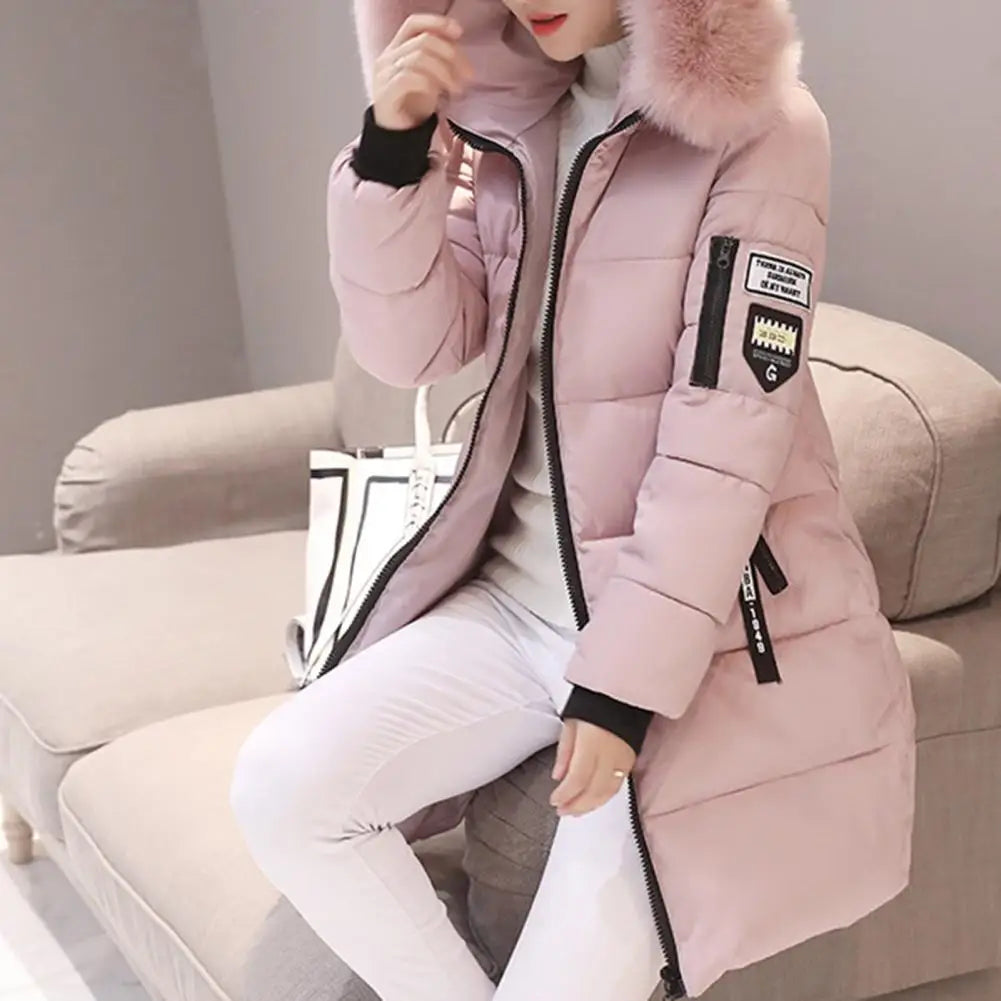 Fashion Women Winter Cotton Coat Parka Thickened Padded Stuffed Hooded Mid Length Warm Zip Up Slim Lady Down Coat Long Overcoat