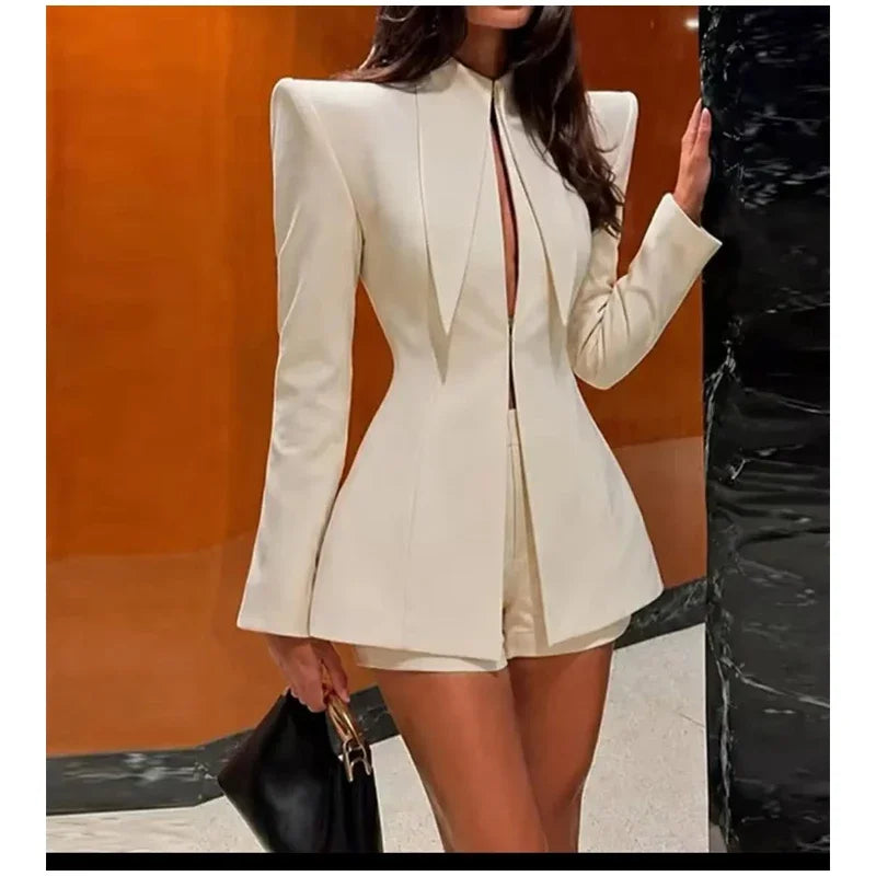 Women Fashion Solid Shorts Set Sexy Stand Collar Waist Cinching Slim Fit Coat Suits 2026 New Spring Autumn Lady Street Outfit