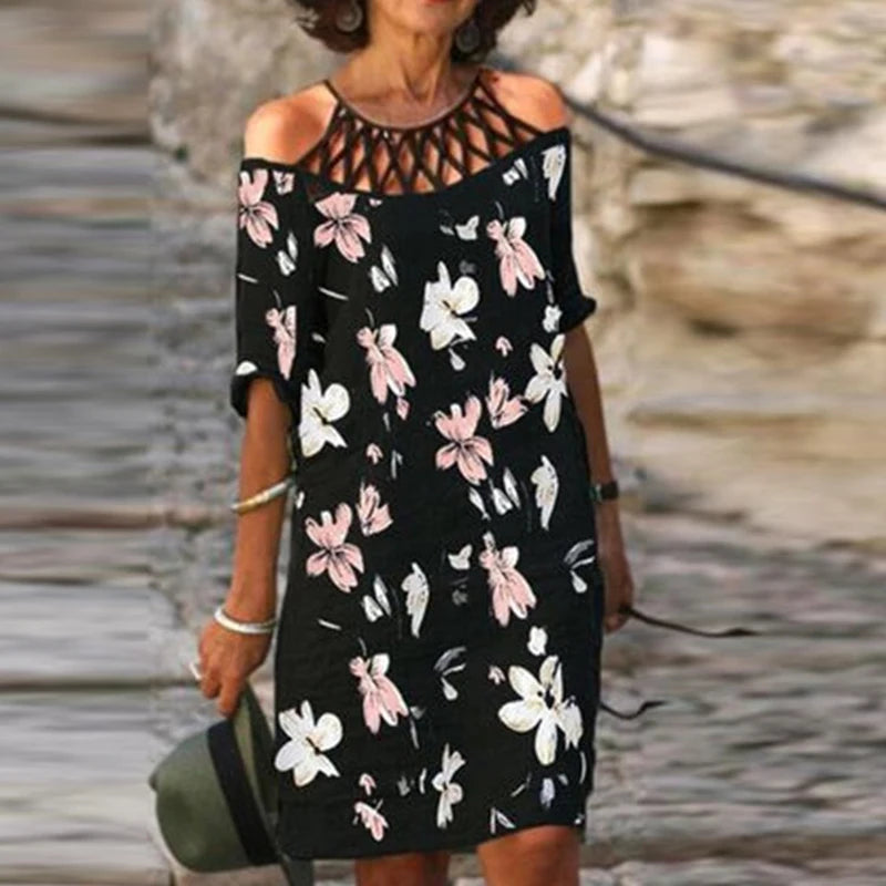 Fashion Retro Printing Women Dress Sexy V-Neck Short Sleeve Loose Beach Homewear Dress Summer Casual Comfy Female Model Dress