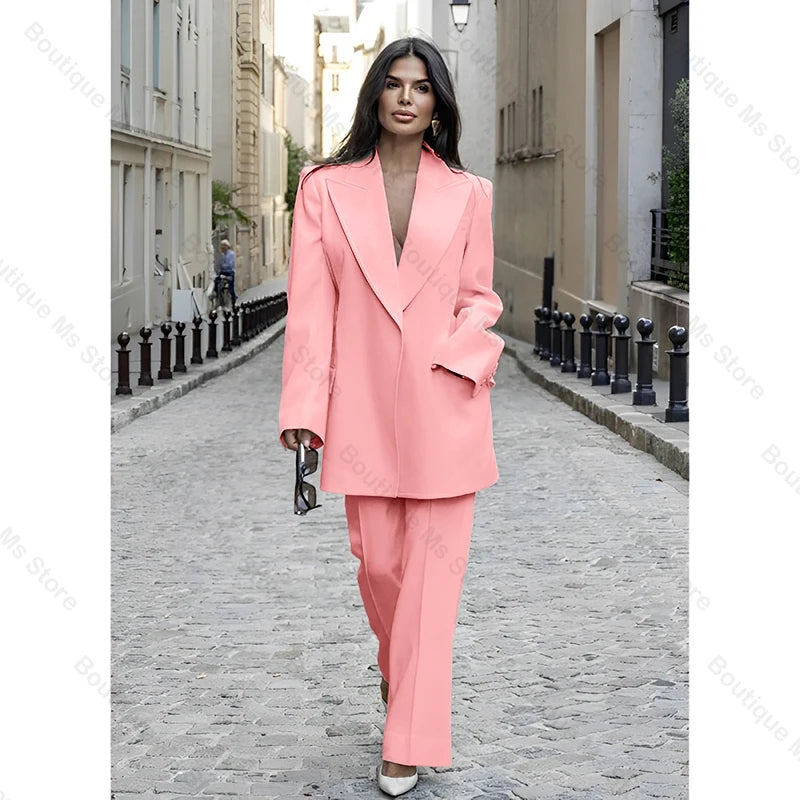 Chic Loose White Single Breasted Women Pants Set New Female Two Pieces(Blazer+Trousers) conjuntos femininos elegantes