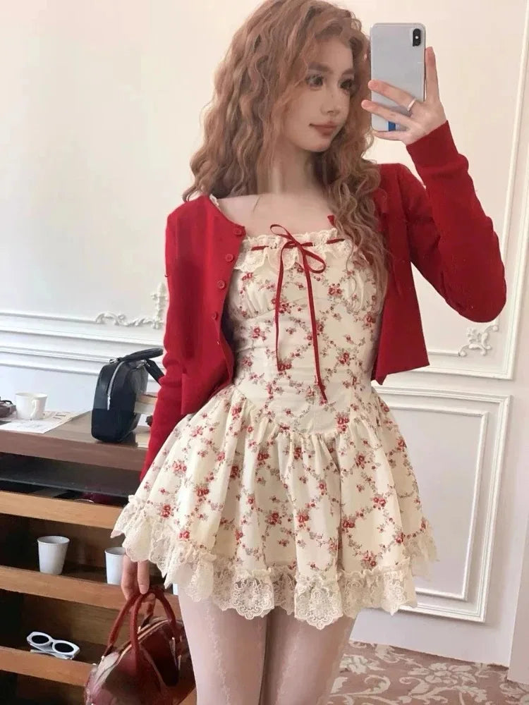 Japanese Kawaii Lolita Sweet Bow Drees Harajuku Printed Casual Cute Frock Y2k Lace Slim Skirt 2026 Summer New Stylish Elegant